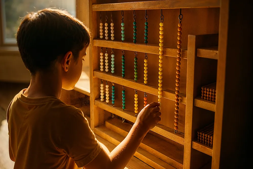 A child absorbed in work at the bead cabinet, lit by warm window light