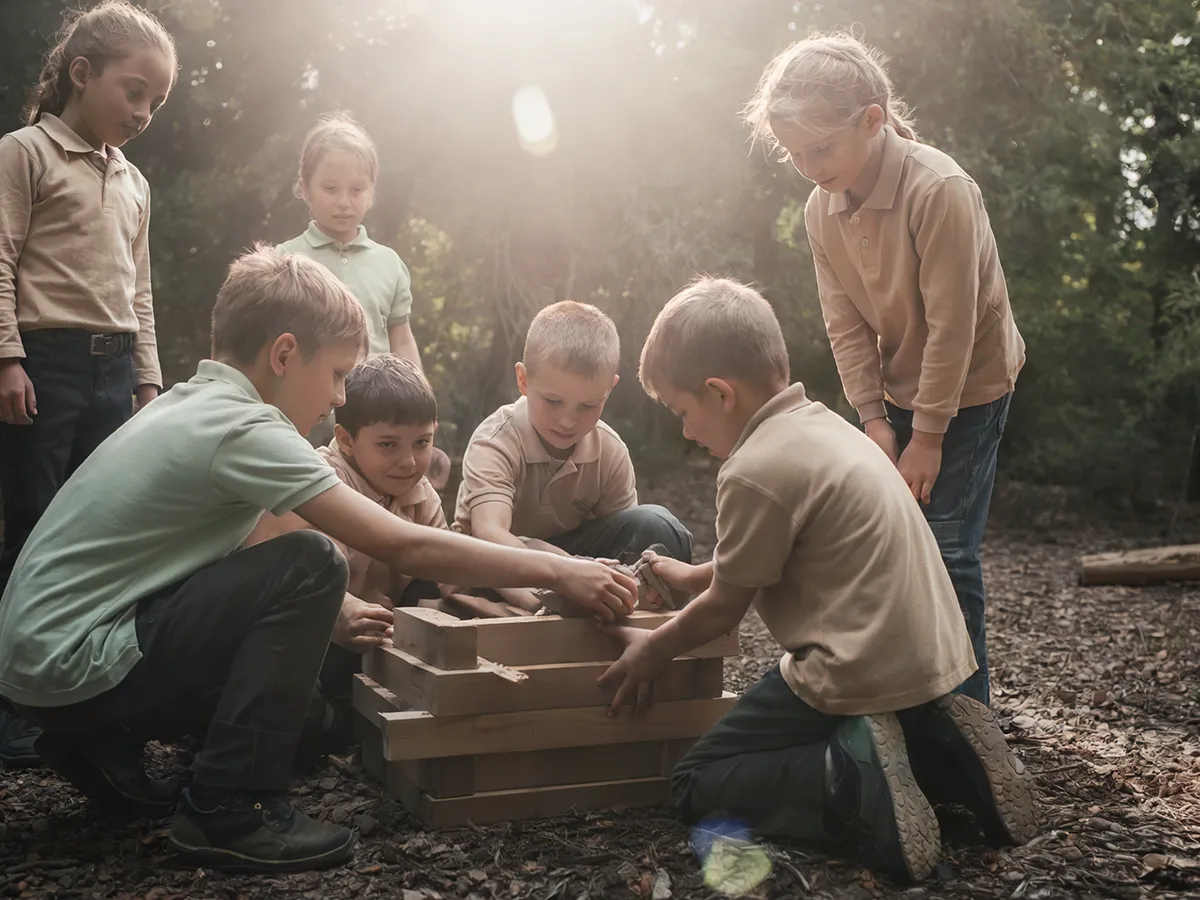 A group of children building together in the woods