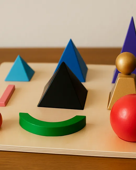 Wooden Montessori grammar blocks arranged on a classroom table