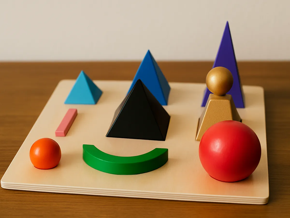 Montessori geometric solids on a wooden work table