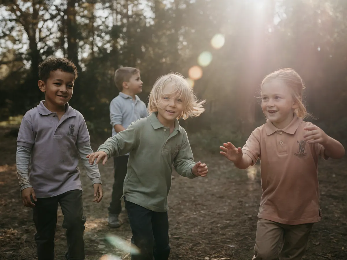 Children running and laughing through golden-hour woods